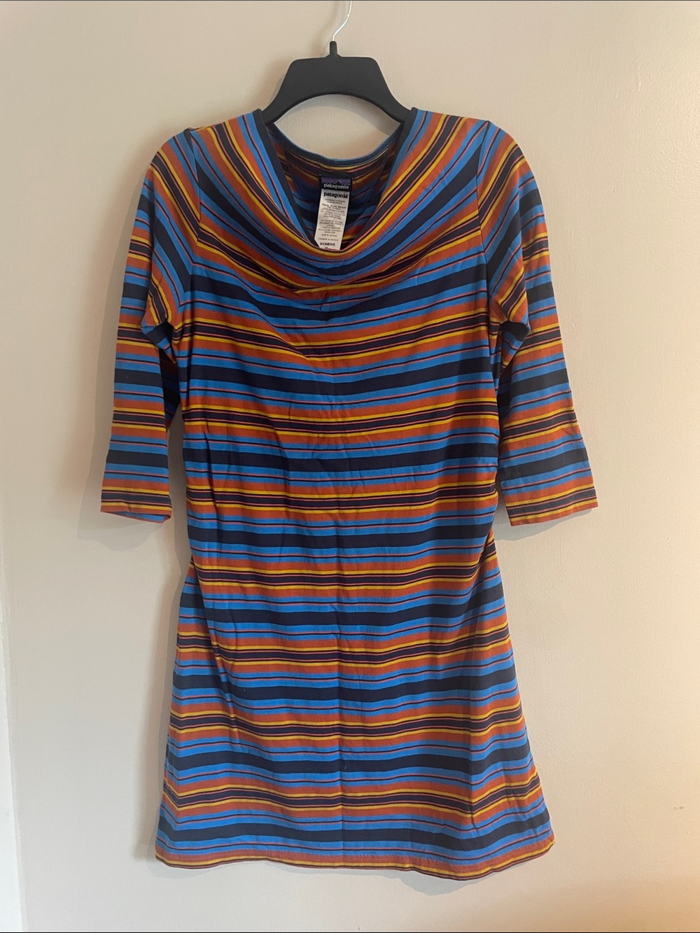 Patagonia Kamala Cowl Neck Striped Blue and Orange Three-Quarter Sleeve Dress~ M